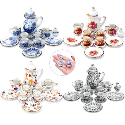 60 Pieces 1:12 Scale Miniatures Dollhouse Porcelain Tea Cup Set, Flower Pattern, Plum Blossom, Red Rose Teapot Cup Set Porcelain Accessories(Blooming Porcelain Series)