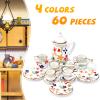 60 Pieces 1:12 Scale Miniatures Dollhouse Porcelain Tea Cup Set, Flower Pattern, Plum Blossom, Red Rose Teapot Cup Set Porcelain Accessories(Blooming Porcelain Series) view 3