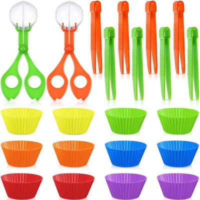 20 Pieces Fine Motor Skills Handy Scooper Set, Include 8 Tweezers, 2 Jumbo Scissors Clip and 10 Assorted Colors Sorting Bowls for Children Age Over 5, Early Skill Development and Counting Training Toy