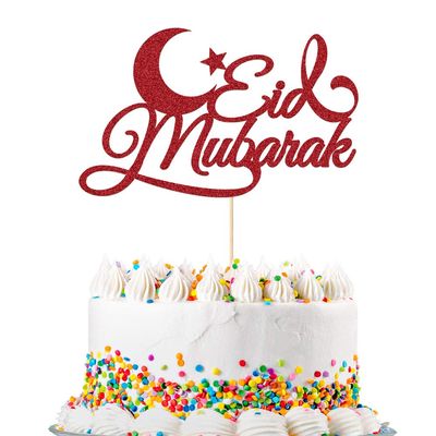 Eid Mubarak Glitter Cake Topper Ramadan Islam Party Decoration Hajj Double Sided Glitter Card(Red)