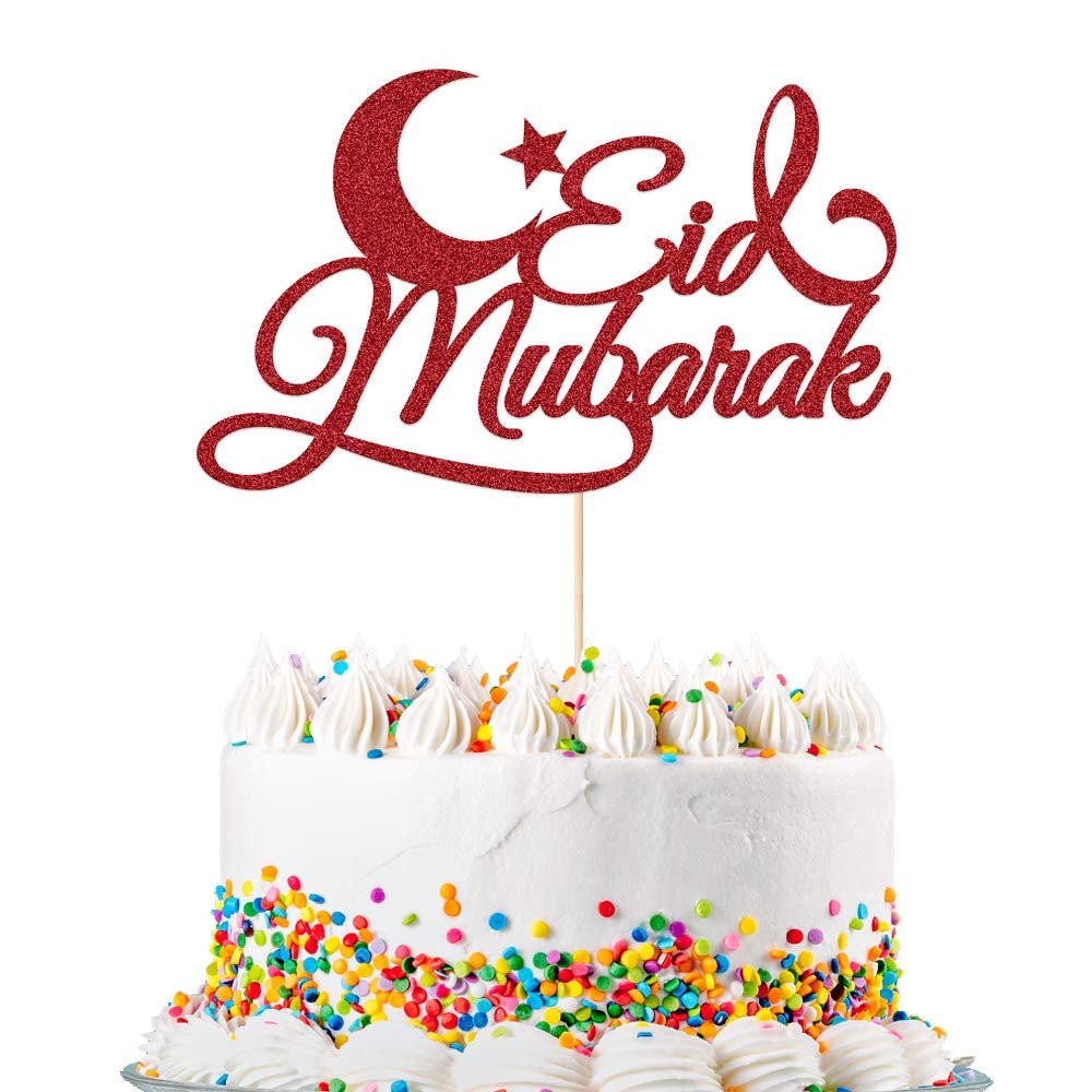 Eid Mubarak Glitter Cake Topper Ramadan Islam Party Decoration Hajj Double Sided Glitter Card(Red)