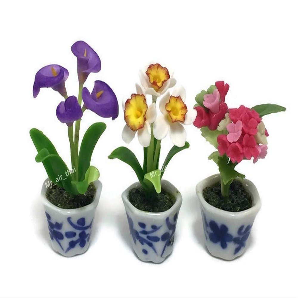 3pc Miniature Flower Clay Dollhouse Fairy Garden Mini Plant Trees Ceramic Paint Furniture Bundles Artificial Flowers Tiny Orchid #117