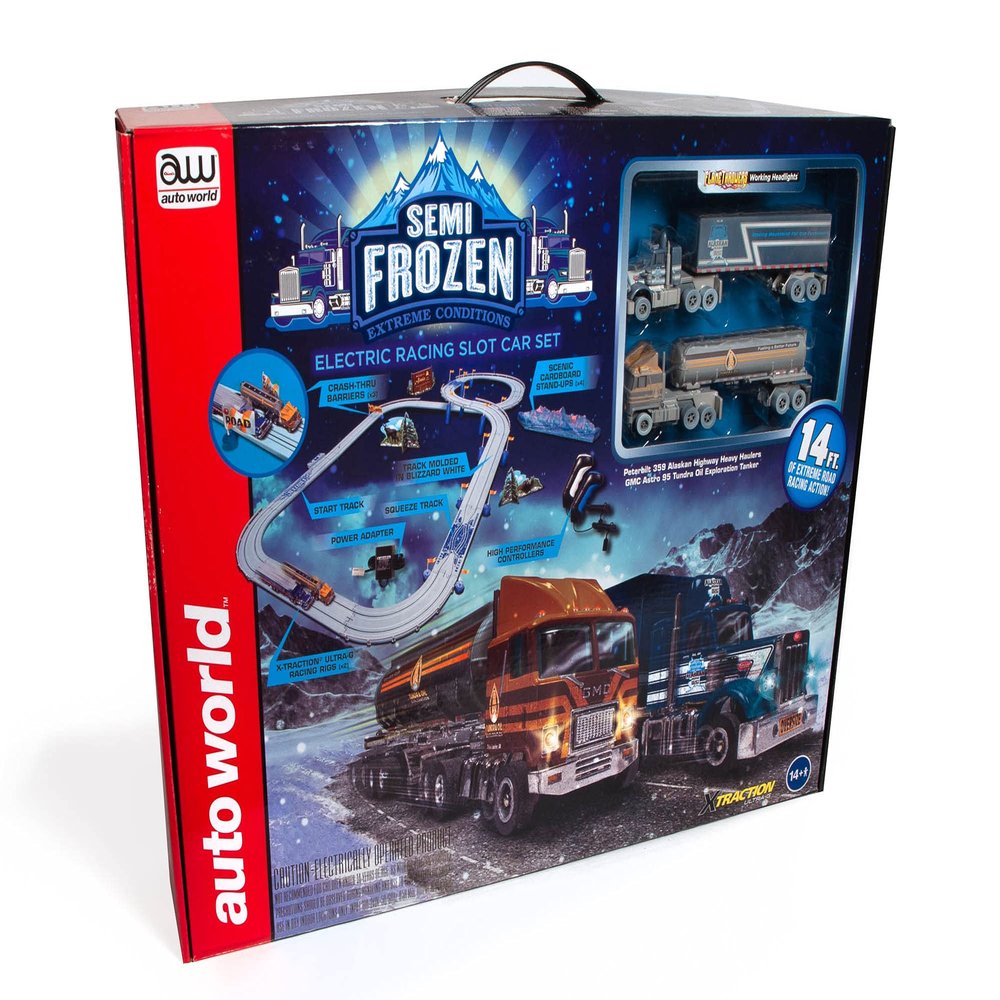 Auto World 14' Semi-Frozen Extreme Conditions Slot Race Set,Peterbilt Conventional w/Standard Freight Trailer-Alaskan Highway Heavy Haulers,SRS339