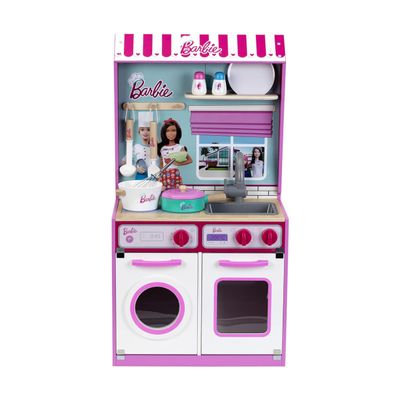 Klein Theo 2 in 1 Barbie Wooden and Metal Toy Kitchen and Dollhouse with Pretend Washing Machine and Oven for Kids Ages 3 and Up Integrated Dollhouse