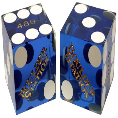 19mm Craps Dice Pair Matching Serial Numbers - Authentic Las Vegas Casino Table-Played Dice (Boulder Station (Blue Polished))