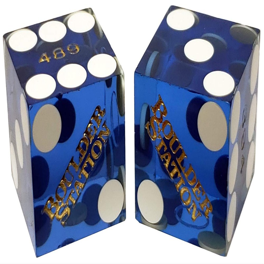 19mm Craps Dice Pair Matching Serial Numbers - Authentic Las Vegas Casino Table-Played Dice (Boulder Station (Blue Polished))