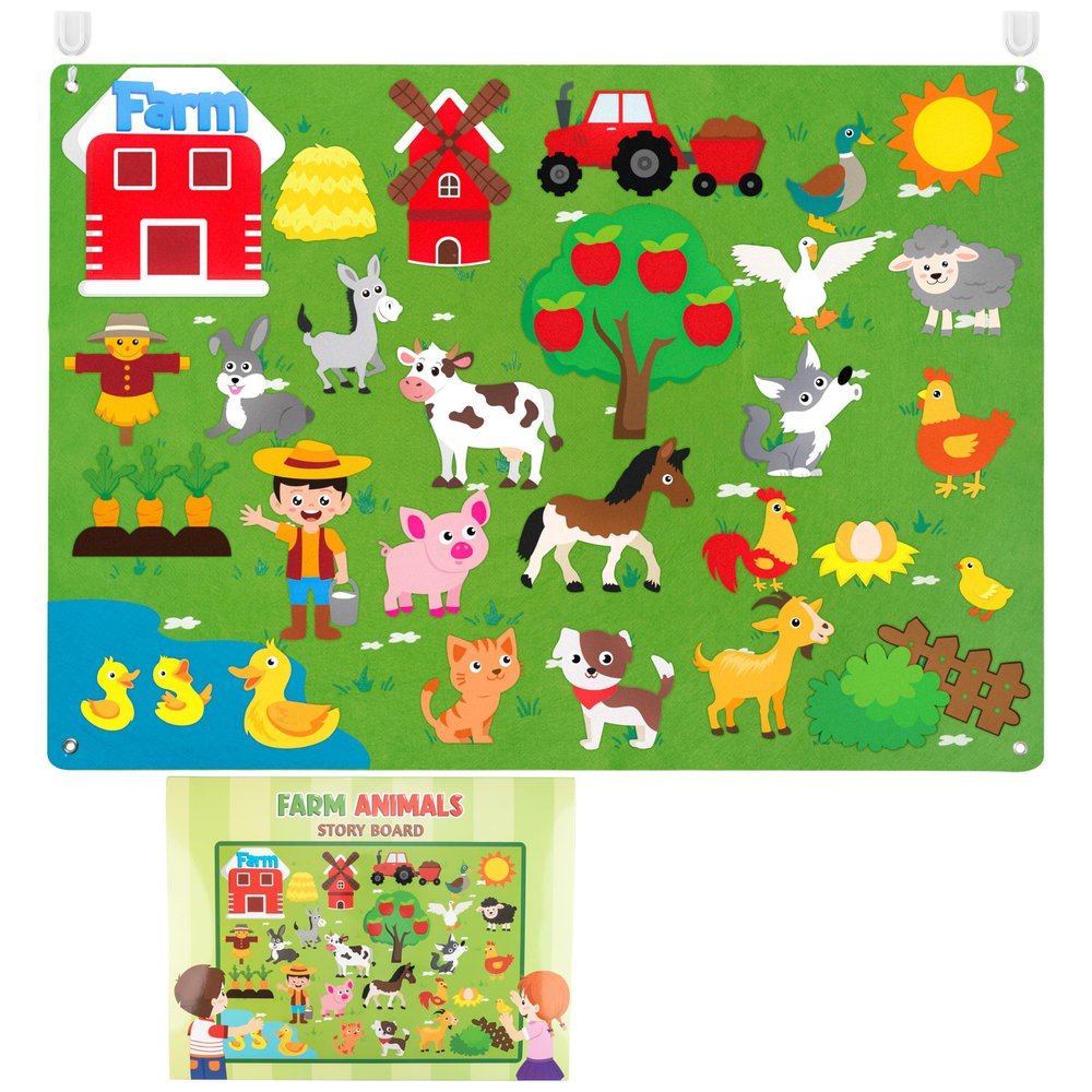 WATINC Farm Animals Felt Story Board Set 3.5Ft 38Pcs Preschool Farmhouse Themed Storytelling Flannel Barnyard Domestic Livestock Early Learning Interactive Play Kit Wall Hanging Gift for Kids