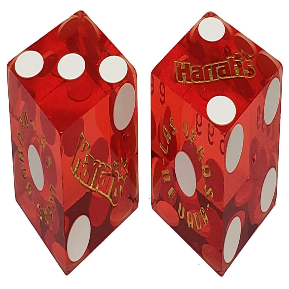 19mm Craps Dice Pair Matching Serial Numbers - Authentic Las Vegas Casino Table-Played Dice (Harrah's (Red Polished))