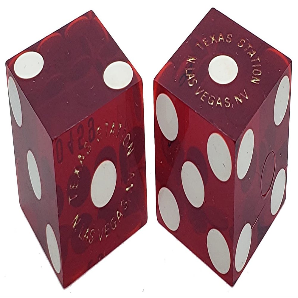 19mm Craps Dice Pair Matching Serial Numbers - Authentic Las Vegas Casino Table-Played Dice (Texas Station (Dark Red Polished))