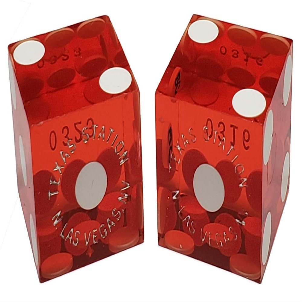 19mm Craps Dice Pair Matching Serial Numbers - Authentic Las Vegas Casino Table-Played Dice (Texas Station (Red Polished))