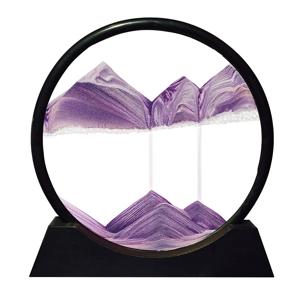 Aoderun Moving Sand Art Picture Round Glass 3D Deep Sea Sandscape in Motion Display Flowing Sand Frame Relaxing Desktop Home Office Work Decor (7", Purple)