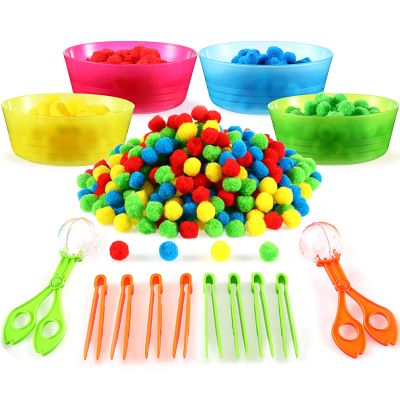 138 Pcs Fine Motor Skills Toys for Early Sensory Education Color Sorting Matching Counting Training, for Ages over 3 Including 8 Sorting Bowls 2 Scissors Clip 8 Tweezers and 120 Colorful Plush Balls