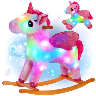 Glow Guards Light up Musical Unicorn Rocking Horse Set of 2 with Stuffed Rainbow Unicorn Toys Ride On Unicorn with Wooden Chair Gifts for Toddler Children Age 3-6