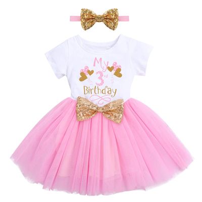 3rd Birthday Girl Outfit Toddlers Kid Third Birthday Party Princess Tutu Tulle A-line Skirt with Bowknot Headband Cake Smash Photo Shooting Props Pageant Wedding Summer Clothes Pink 3 Years