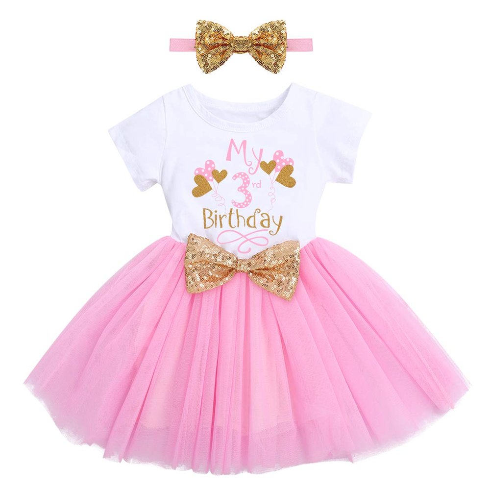 3rd Birthday Girl Outfit Toddlers Kid Third Birthday Party Princess Tutu Tulle A-line Skirt with Bowknot Headband Cake Smash Photo Shooting Props Pageant Wedding Summer Clothes Pink 3 Years