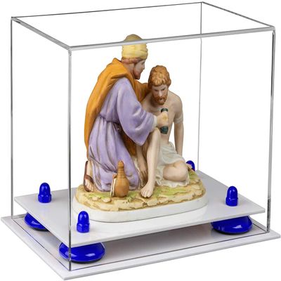 Better Display Cases Versatile Acrylic Clear Display Case - Small Rectangle Box with Dark Blue Risers and White Base 9.5" x 6" x 6.5" (V43/A005)
