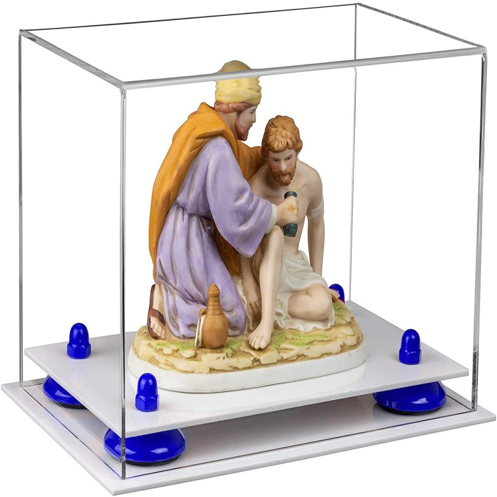 Better Display Cases Versatile Acrylic Clear Display Case - Small Rectangle Box with Dark Blue Risers and White Base 9.5" x 6" x 6.5" (V43/A005)