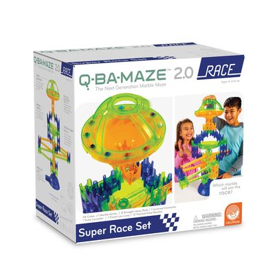 MindWare Q-BA-Maze 2.0 Rally Racing Set, Modular Marble Run Building Kit with Cubes, Rails, Launcher and Marbles, STEM Construction Toy for Problem Solving and Speed Play, Kids Ages 6+