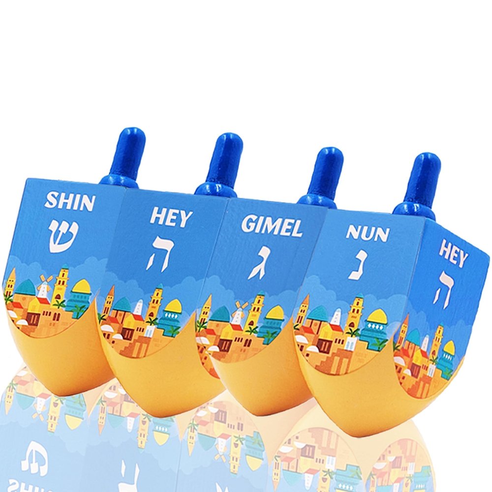 The Dreidel Company 4-Pack Extra Large Jerusalem Wood Dreidels, Let's Play The Hanukkah Game, (4-Pack)