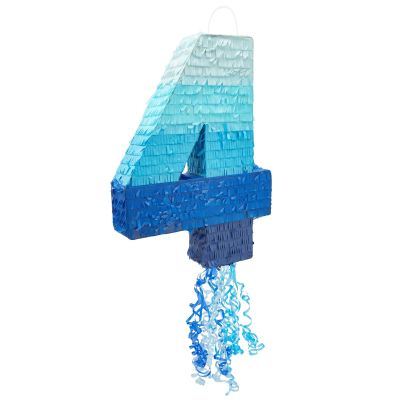BLUE PANDA Pull String Pinata - Corrugated & Number 4 Pinata - Ombre Blue Tissue & 4 Year Old Birthday Decor - Easy Fill & 4 Year Old Boy Fun - Number 4, Ombre Blue - 16.5 x 12 x 3 in
