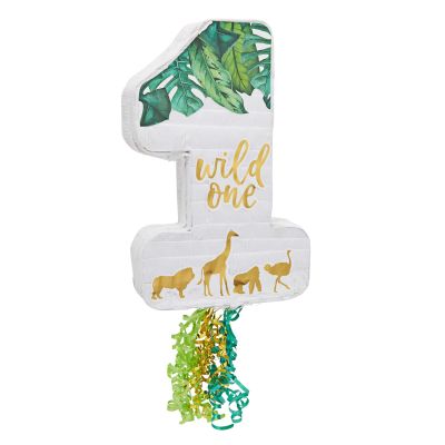 BLUE PANDA Pull String 1st Birthday Pinata Number 1 Wild One Safari Animals - Green - 16.5 x 11.6 x 3 in - Jungle Party Centerpiece & Easy-Fill Design for Boys & Girls