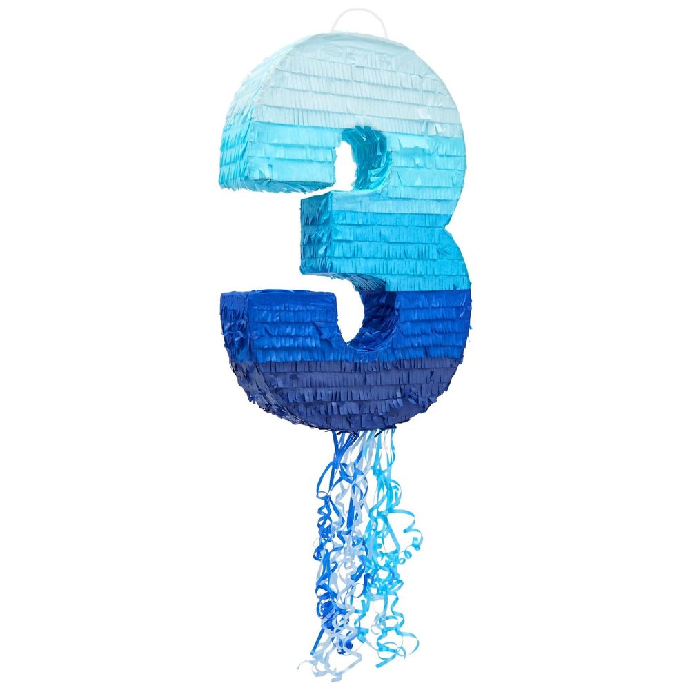 BLUE PANDA Ombre Blue Number 3 Pull String Pinata - Interactive Pull-String Surprise with Number 3 Pinata for Ocean-Themed Birthday Decoration for Boys & Girls - Pack of 1, Paper, 16.5 x 11.5 x 3 in