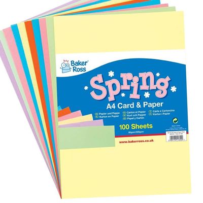 Baker Ross A4 Spring Colours Card and Paper - Pack of 100 Sheets, Value Pack of Creative Art Supplies for Kids, Crafts and Decorations.