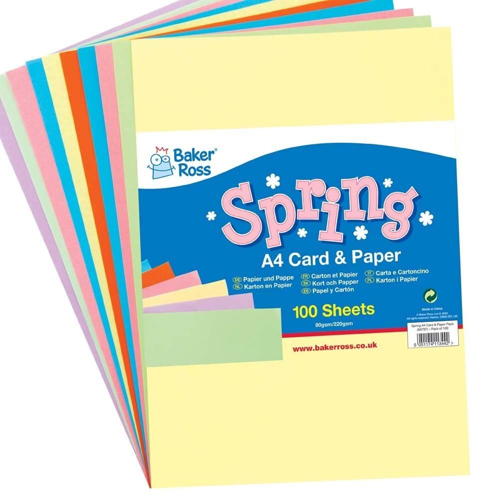 Baker Ross A4 Spring Colours Card and Paper - Pack of 100 Sheets, Value Pack of Creative Art Supplies for Kids, Crafts and Decorations.