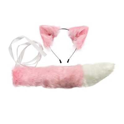VIGVAN Cat Ears Wolf Fox Ears Animal Cosplay Cute Head Accessories for Halloween (Pink Ears + Tail Set)