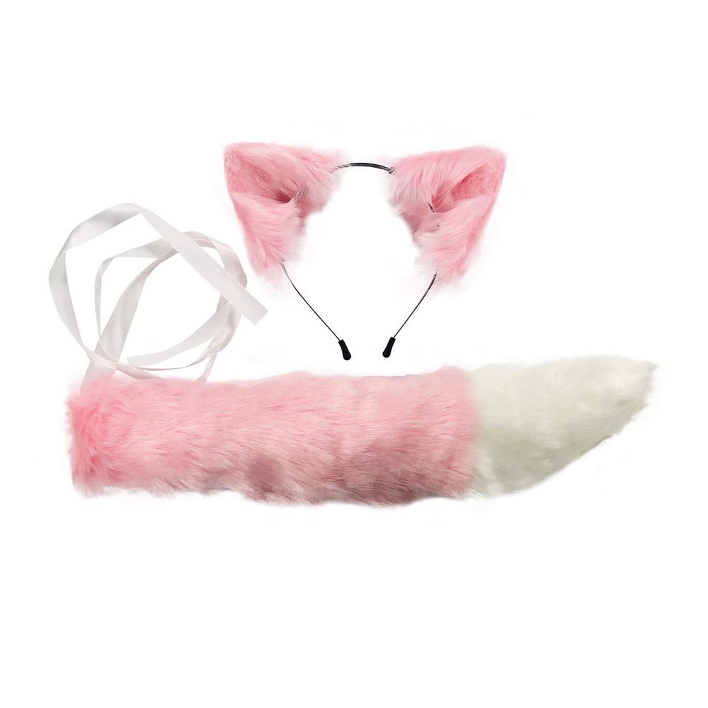 VIGVAN Cat Ears Wolf Fox Ears Animal Cosplay Cute Head Accessories for Halloween (Pink Ears + Tail Set)