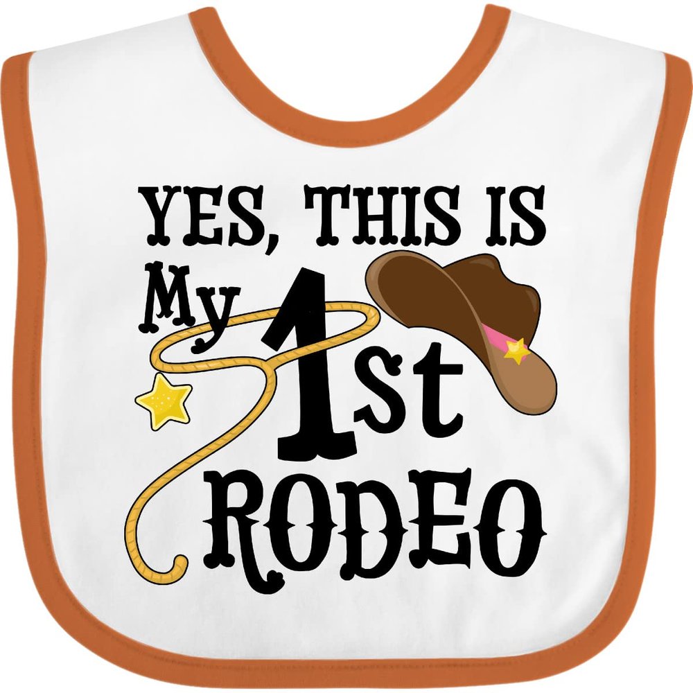 inktastic Yes, This Is My 1st Rodeo- Cowboy Hat with Pink Band, Lasso Baby Bib White and Orange 35613