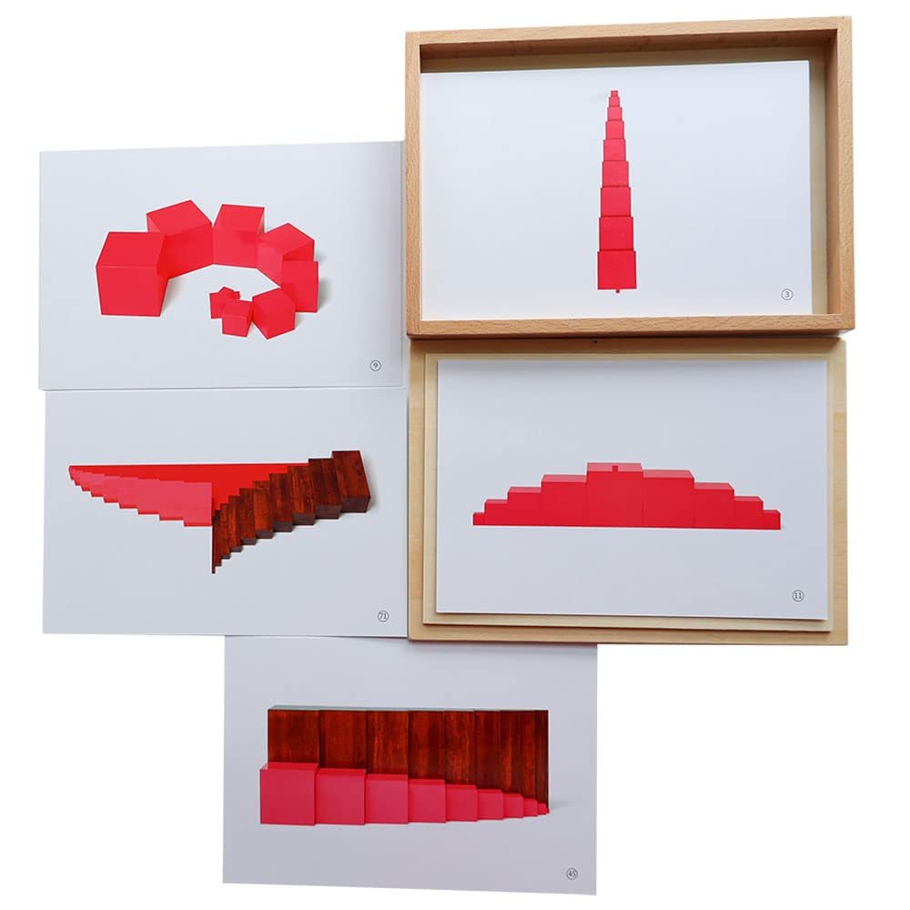 Kghios Montessori Pink Tower Brown Stair and Long Red Rods Sensorial Cards with Wood Box,Montessori Toys Materials for Toddlers Visual Sense, Early Educational Tools Preschool Learning Toys