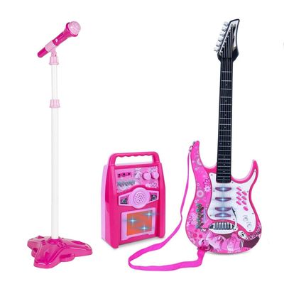 Willbebest Kids Karaoke Microphone & Guitar Set - Electric Guitar with Microphone Amplifier for Boys & Girls (Pink)