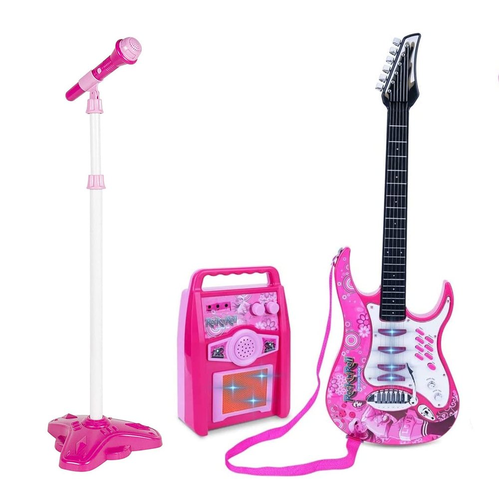 Willbebest Kids Karaoke Microphone & Guitar Set - Electric Guitar with Microphone Amplifier for Boys & Girls (Pink)