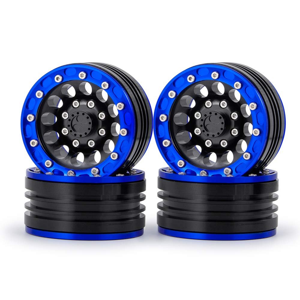Aluminum Alloy 1.9" Beadlock Wheel Rims for 1/10 RC Axial SCX10 Tamiya CC01 D90 D110 TF2, 4Pcs (Blue & Black)