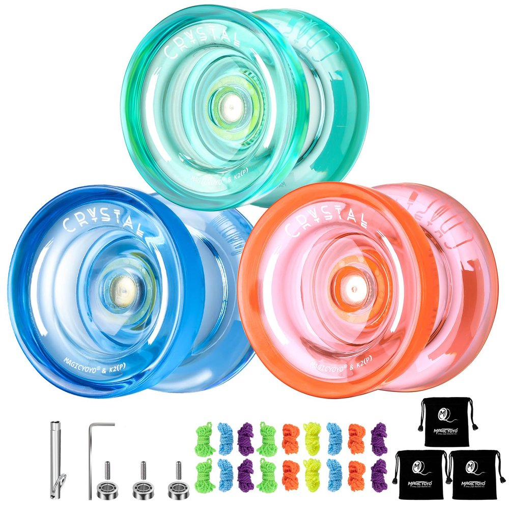 MAGICYOYO K2 Crystal Yoyo Pack of 3, Responsive Yo Yo for Kids, Professional Dual Purpose Yo-yos Replacement Unresponsive Bearing for Adults/Advanced+18 Strings+Accessory Kit(Green+Blue+Orange)