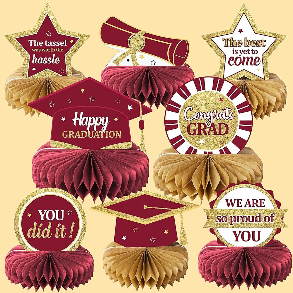 2025 Graduation Party Decorations Class of 2025 Congrats Grad Honeycomb Centerpieces Congratulate Graduation Table Toppers for Graduation Party Favor Supplies Maroon 8Pcs