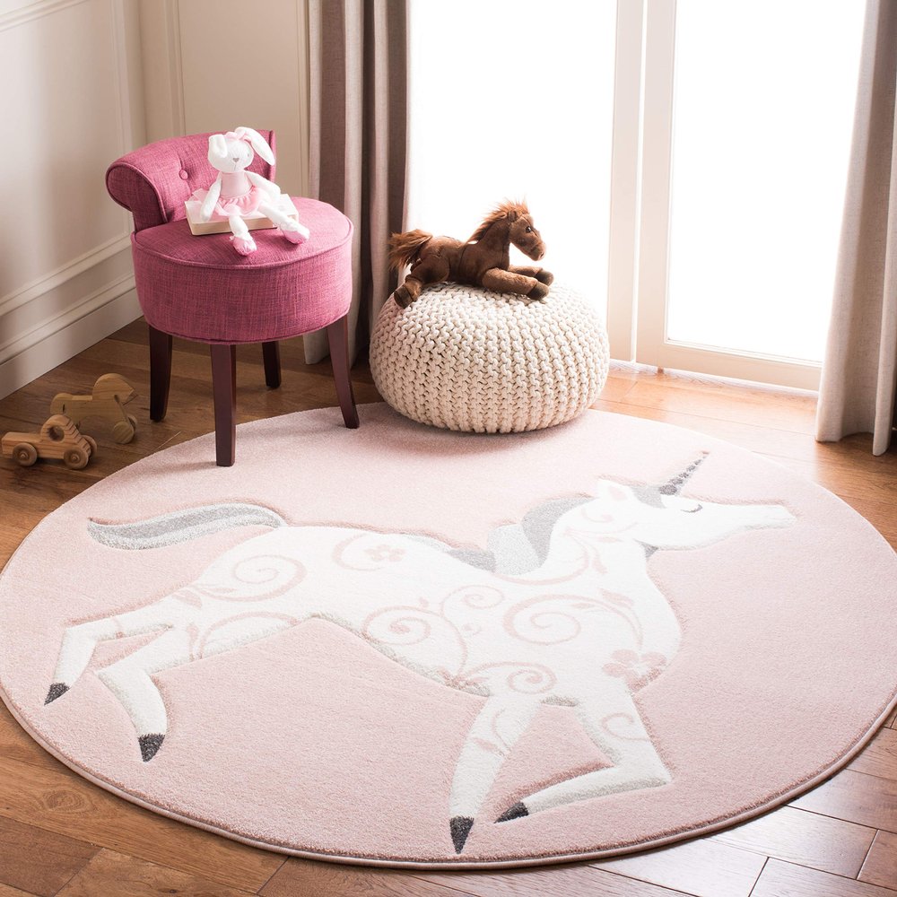 SAFAVIEH Carousel Kids Collection 8' Round Pink/Ivory CRK163P Unicorn Non-Shedding Nursery Playroom Area Rug