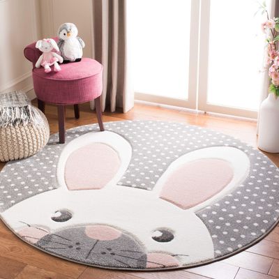 SAFAVIEH Carousel Kids Collection Area Rug - 8' Round, Pink & Grey, Bunny Ear Design, Non-Shedding & Easy Care, Ideal for High Traffic Areas for Boys & Girls in Playroom, Nursery, Bedroom (CRK168P)