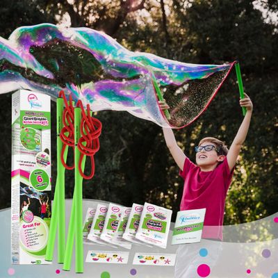 WOWmazing Mega Value Big Bubble Kit: 2 Large Bubble Wands 6-Pack of Big Bubble Powder (Makes 6 Gallons) | Outdoor Toy for Kids, Boys, Girls | Powder Made in USA