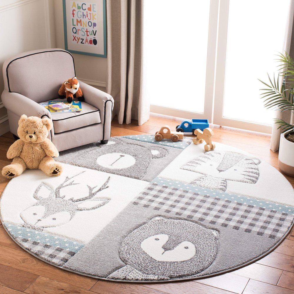 SAFAVIEH Carousel Kids Collection 8' Round Grey/Ivory CRK188B Animal Non-Shedding Nursery Playroom Area Rug