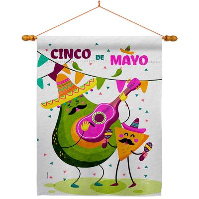Angeleno Heritage Guacamole Fiesta House Flag Dowel Set Summertime Cinco de Mayo Party Cactus Pinata Sombrero Mexican Outdoor Small Decorative Gift Yard Banner Made in USA 28 X 40