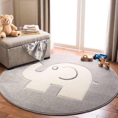SAFAVIEH Carousel Kids Collection 8' Round Grey/Ivory CRK165B Elephant Non-Shedding Nursery Playroom Area Rug