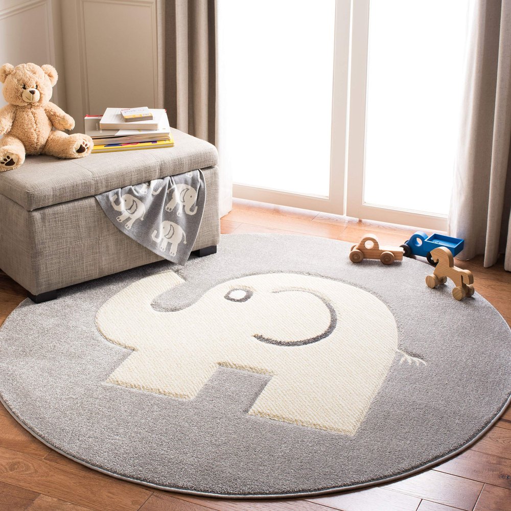 SAFAVIEH Carousel Kids Collection 8' Round Grey/Ivory CRK165B Elephant Non-Shedding Nursery Playroom Area Rug