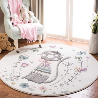 SAFAVIEH Carousel Kids Collection Area Rug - 8' Round, Ivory & Pink, Cat Design, Non-Shedding & Easy Care, Ideal for High Traffic Areas for Boys & Girls in Playroom, Nursery, Bedroom (CRK187A)