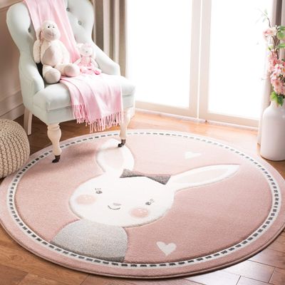 SAFAVIEH Carousel Kids Collection Area Rug - 8' Round, Pink & Ivory, Bunny Design, Non-Shedding & Easy Care, Ideal for High Traffic Areas for Boys & Girls in Playroom, Nursery, Bedroom (CRK166P)