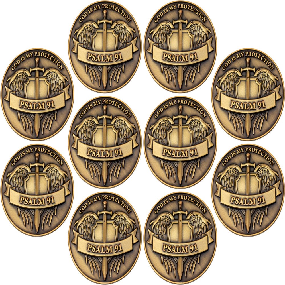 10 Pack of God is My Protection Challenge Coin, Pocket Token of Safety and Protection for Soldiers, Paramedics, First Responders, EMS, Doctors, Nurses, and Police Officers, Psalm 91 Gift