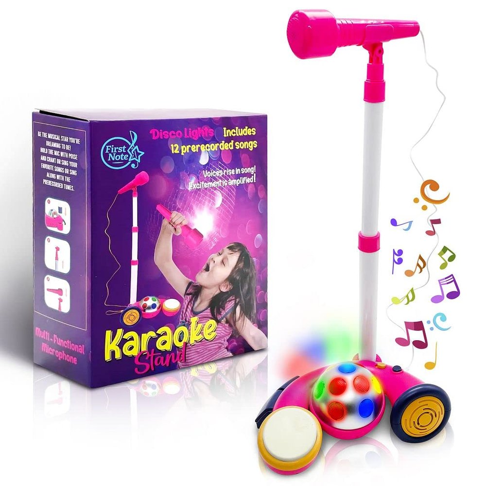 First Note USA Karaoke Machine with Stand, Sing Along Microphone for Kids, Musical Toy with Flashing Stage Lights and Pedals for Fun Sound Effects, Pink