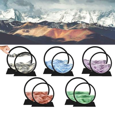 3D Dynamic Sand Art Liquid Motion, Moving Sand Art Picture Round Glass 3D Deep Sea Sandscape in Motion Display Flowing Sand Frame, Relaxing Desktop Home Office Work Decor (Blue, 7inch)