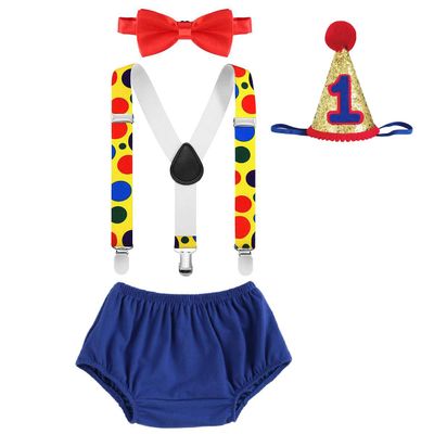 Baby Boys 1st 2nd Birthday Circus Cake Smash Clothes Diaper Bow Tie Suspender 3PCS Photo Clown Outfit Set W/Hat for Photography Party Baby Shower Costume Formal Summer Suit Royal Blue One Size